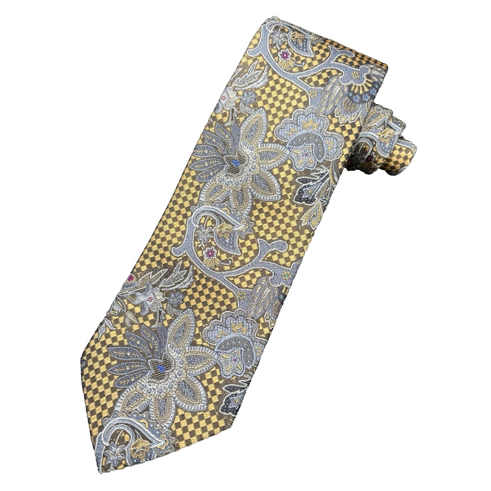 XMI Platinum Tie 100% Silk Handmade 62" Gold Blue Brown Floral Textured USA